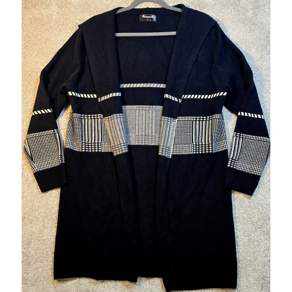 Romimona Sweater Cardigan Long Open Front Hooded Herringbone Buttery Soft Size L